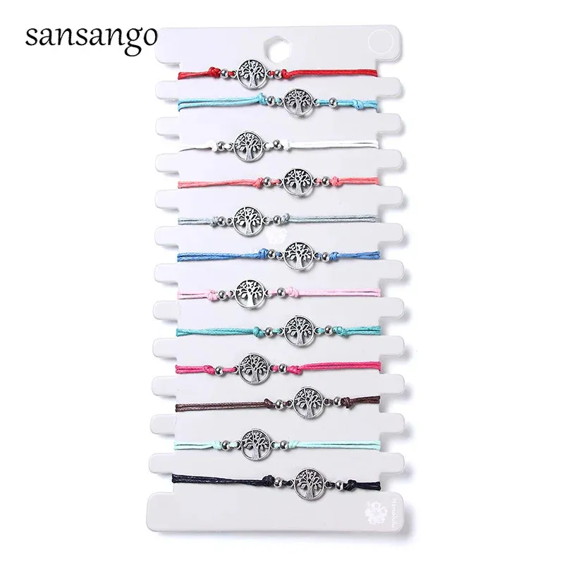 12Pcs Life Tree Charms Adjustable Braided Bracelet Set for Women and Children