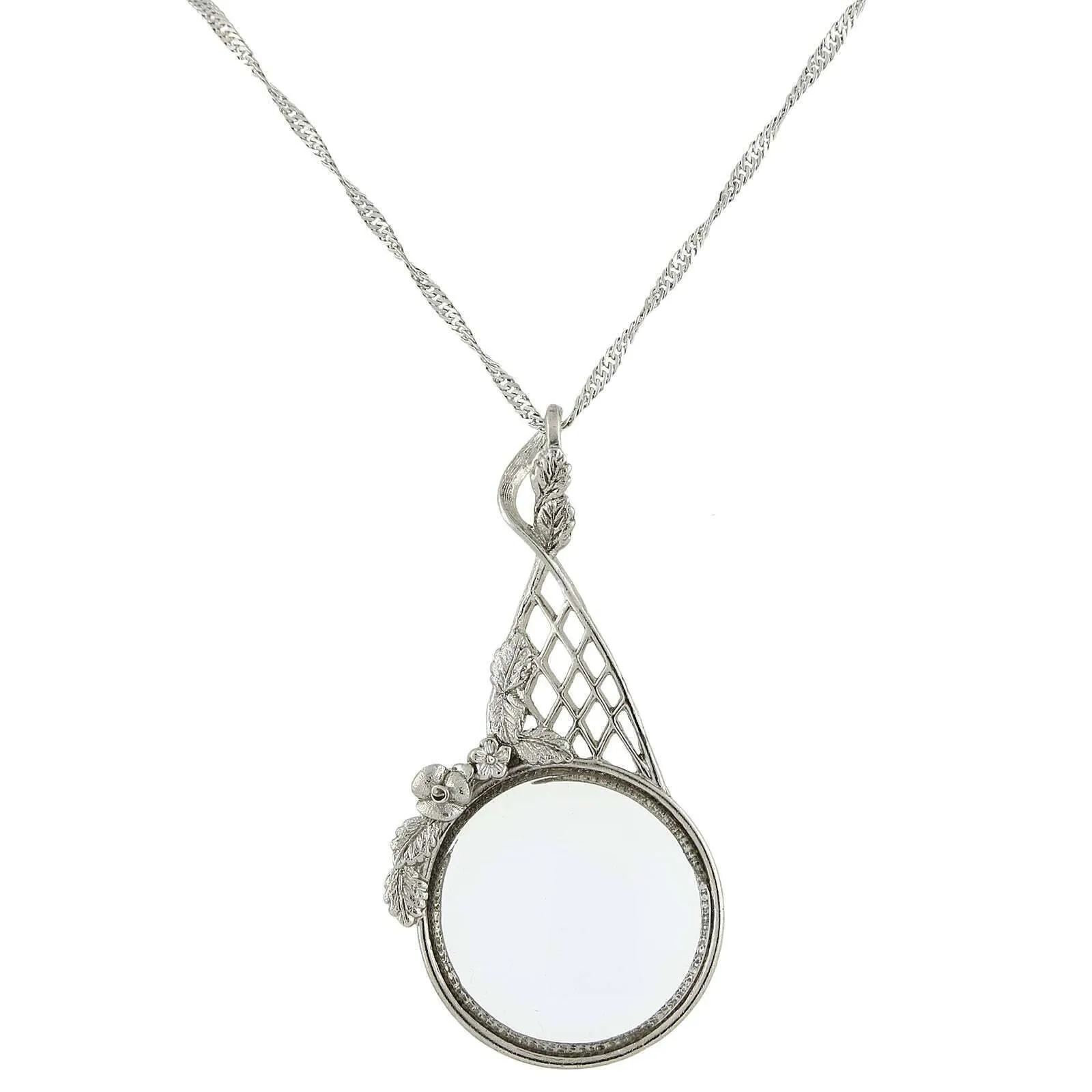 1928 Jewelry Floral Filigree Magnifying Glass Necklace 28" - Magnification Power: 2X