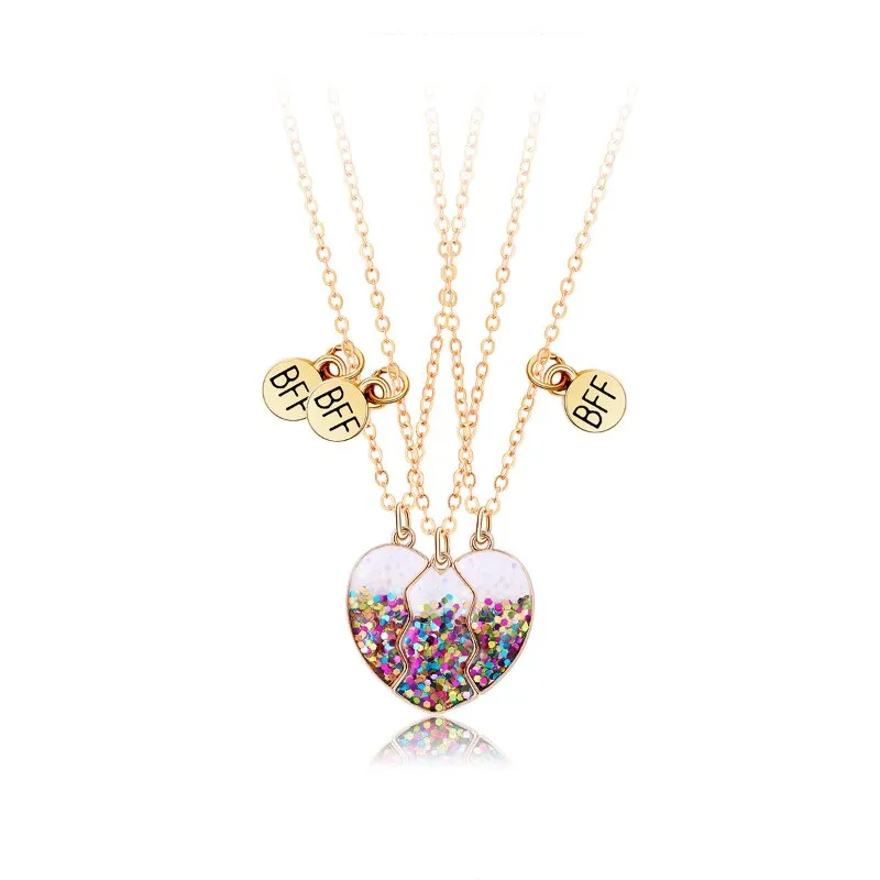 3Pcs/set Colorful Sequin Heart Broken Pendant Necklace
