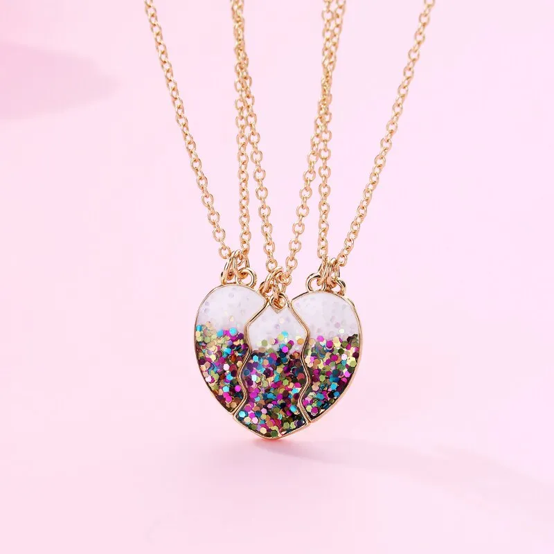 3Pcs/set Colorful Sequin Heart Broken Pendant Necklace