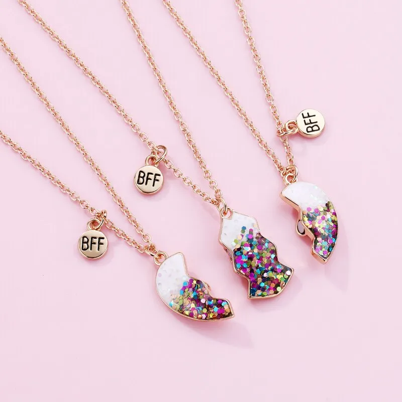 3Pcs/set Colorful Sequin Heart Broken Pendant Necklace