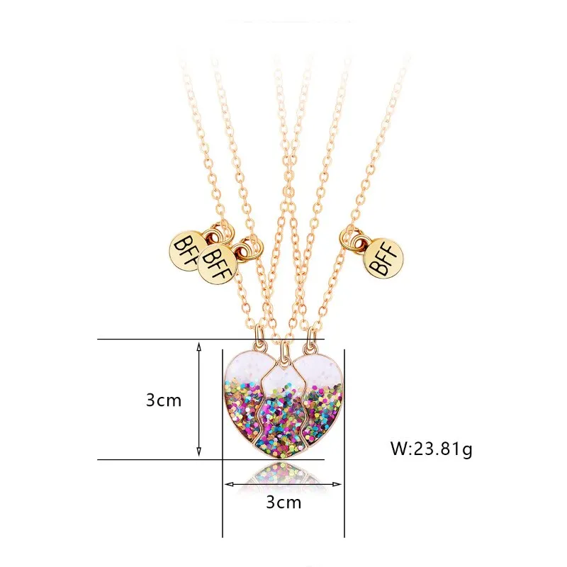 3Pcs/set Colorful Sequin Heart Broken Pendant Necklace