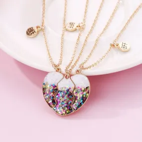 3Pcs/set Colorful Sequin Heart Broken Pendant Necklace