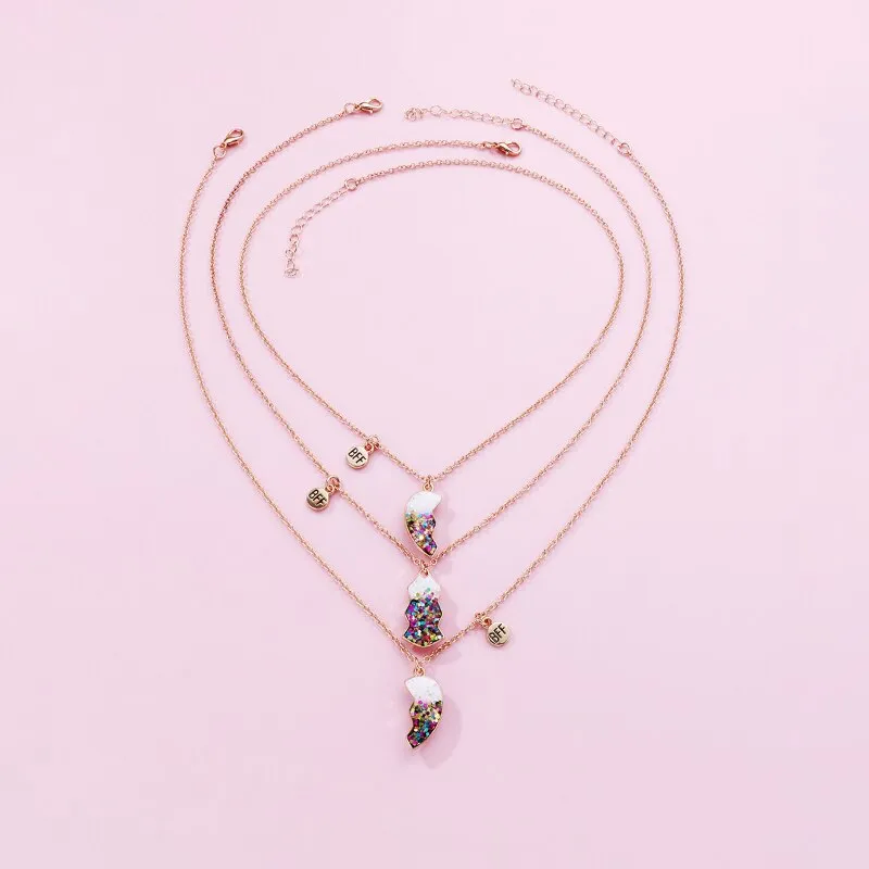 3Pcs/set Colorful Sequin Heart Broken Pendant Necklace