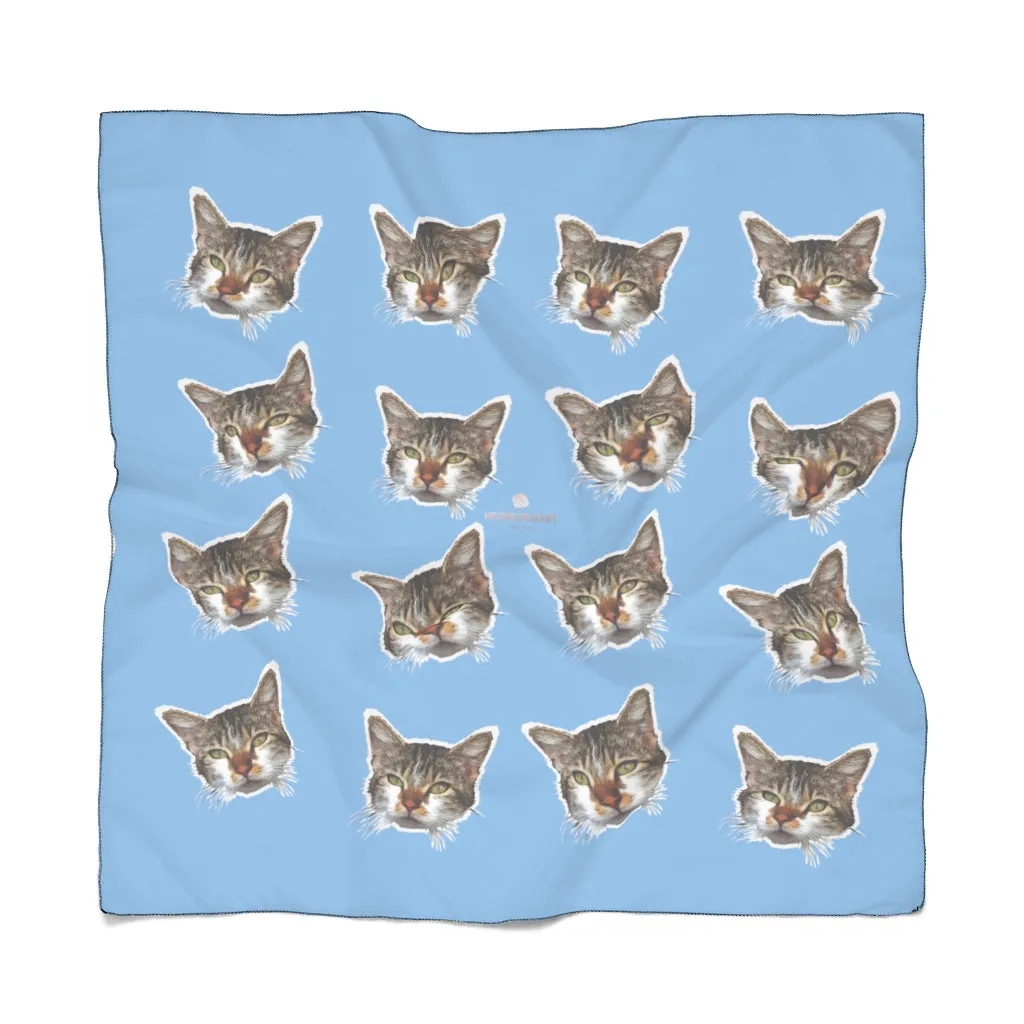 Blue Cat Print Poly Scarf, Cute Fashion Soft Scarves Accessories For Women- Made in USA