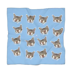 Blue Cat Print Poly Scarf, Cute Fashion Soft Scarves Accessories For Women- Made in USA