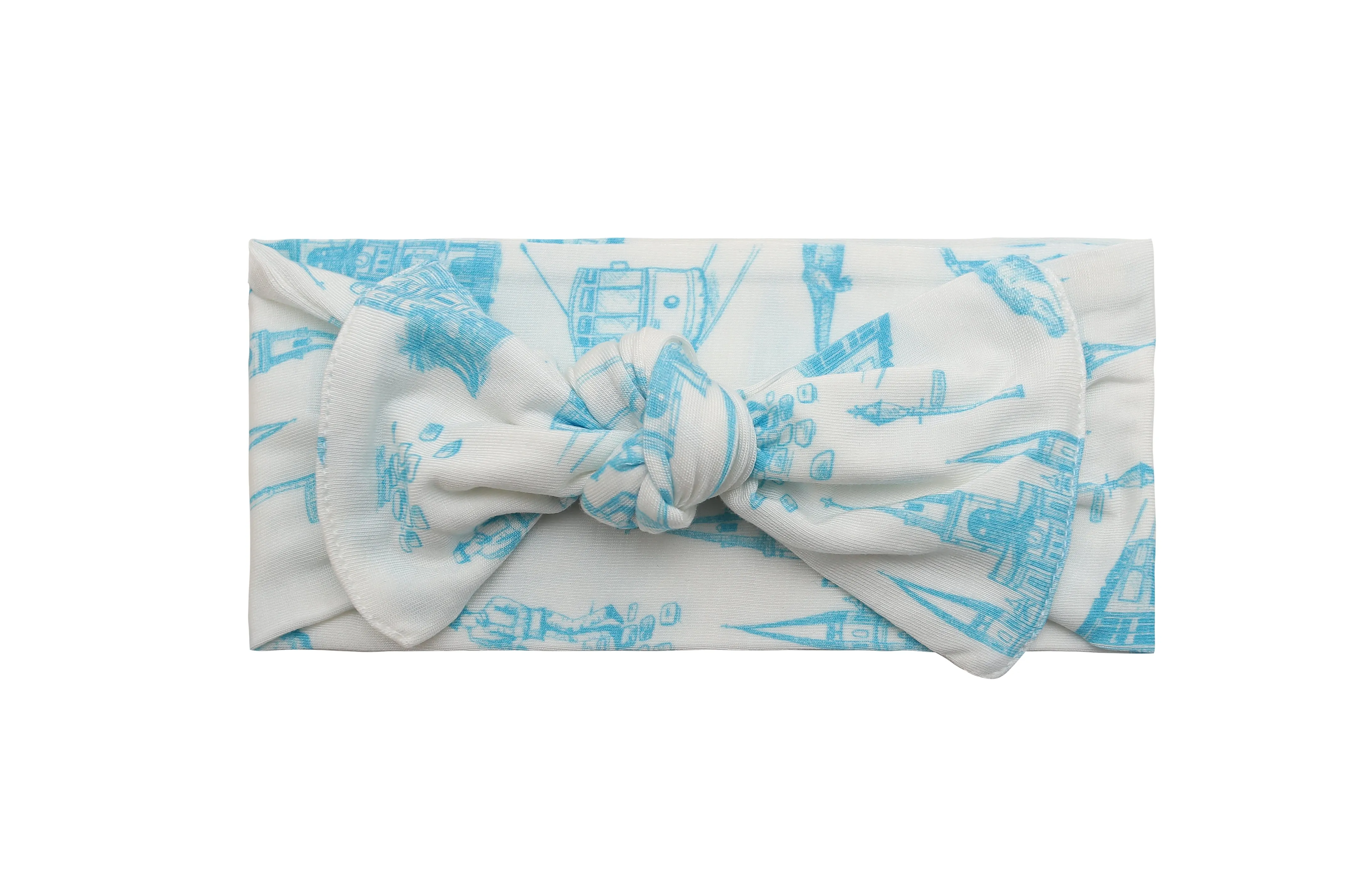 Blue Toile Bamboo Bow Headband