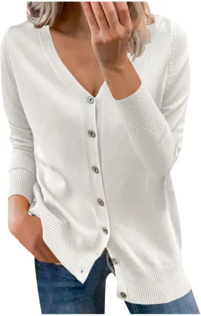 Cute V-Neck Buttons Tops for Women Casual Long Sleeve Loose Blouse Ladies Solid Color Trendy Comfy Soft Cardigans