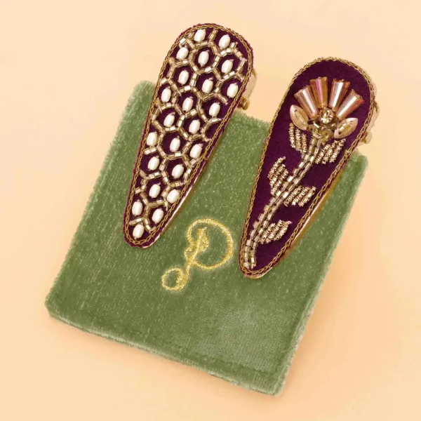 Damson Hexagon/Floral Stem Jewelled Hair Clips