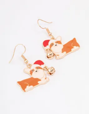 Gold Corgi Christmas Drop Earrings