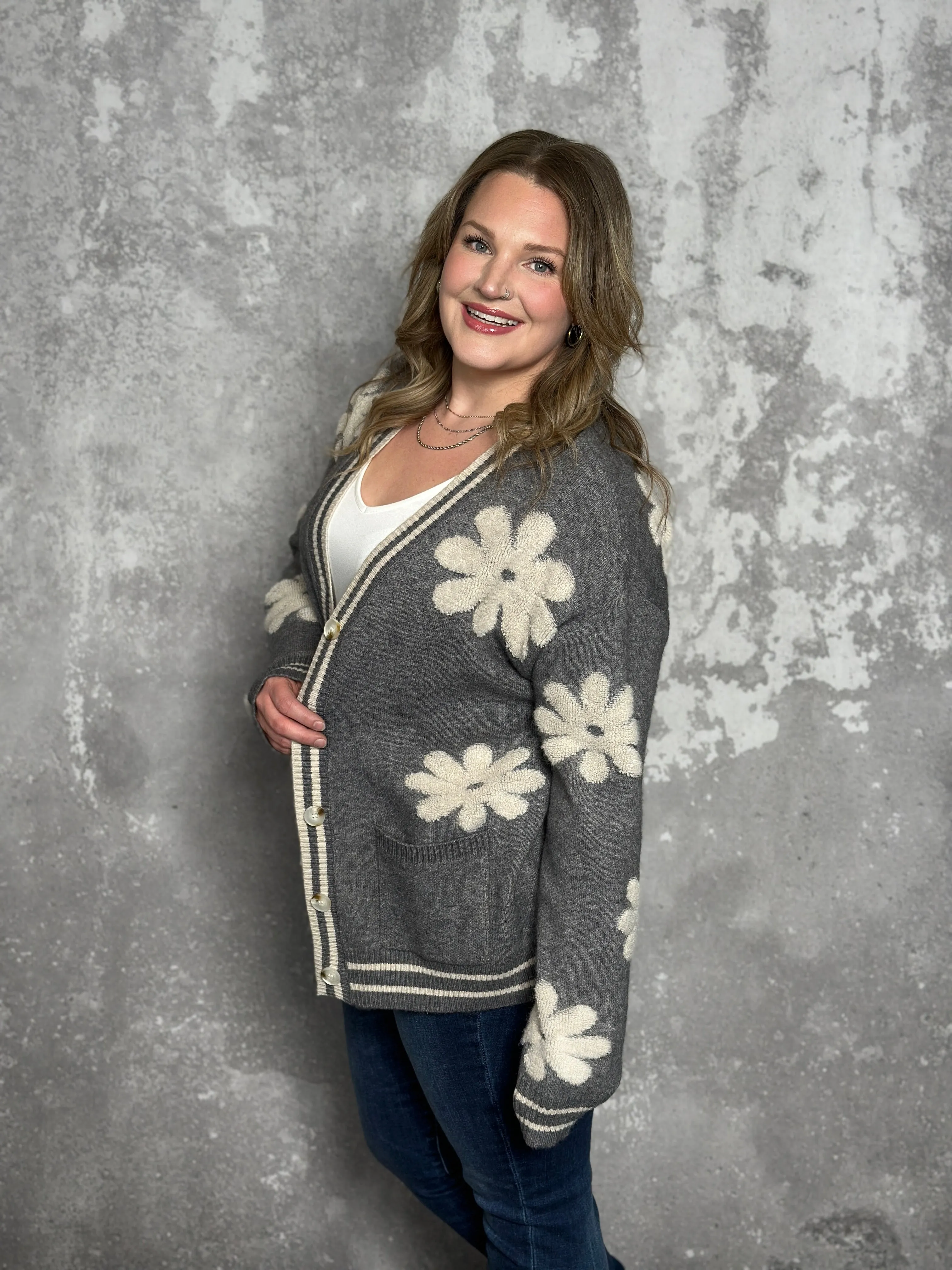Grey Flower Power Sweater/Cardigan