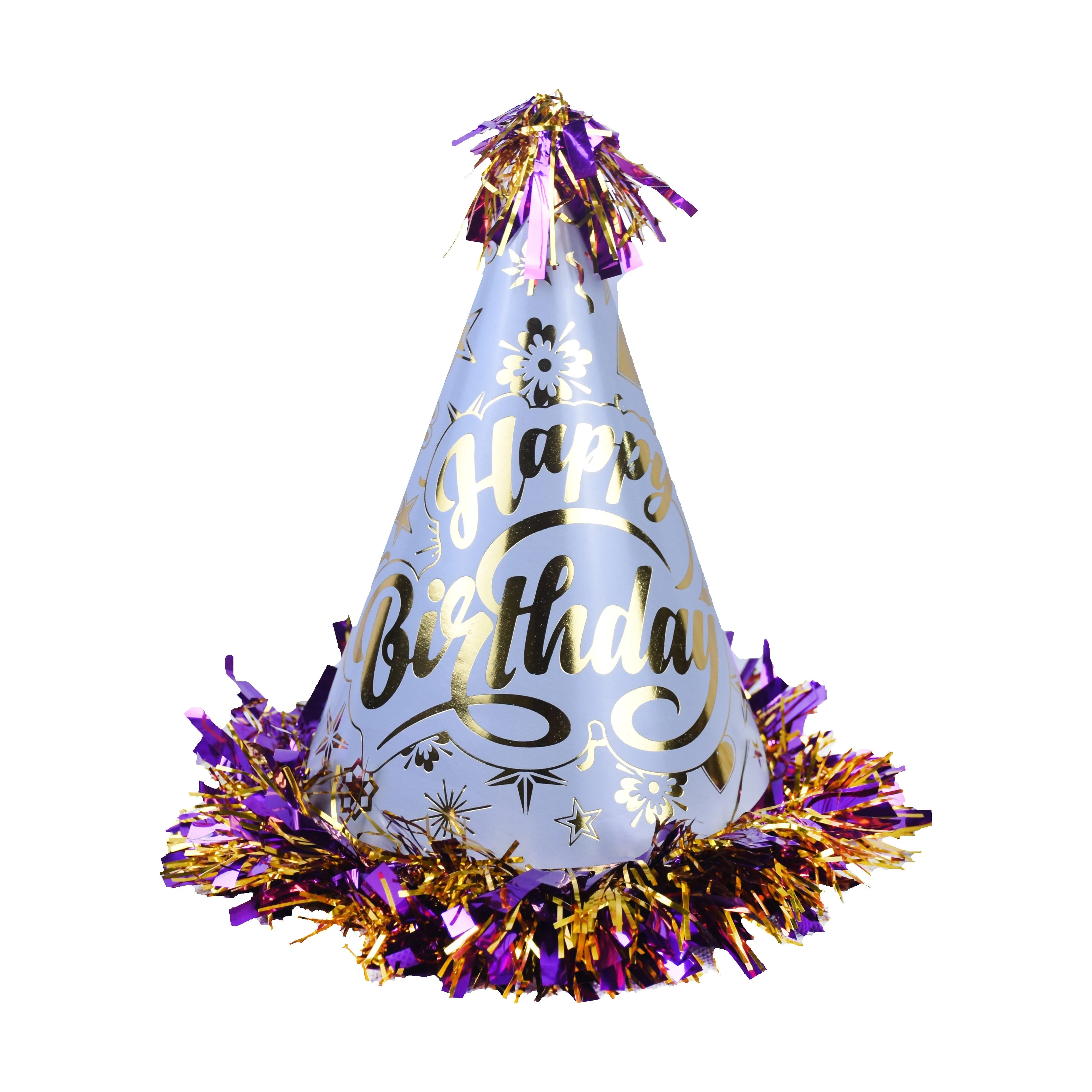 Happy Birthday Fancy Multi Designs Tinsel Border Cone Party Cap Grey