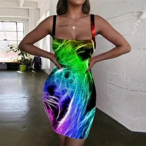 Lion Dresses Women Animal Bodycon Dress Anime 3d Print Colorful Halter Sleeveless Flame Vestido Sexy
