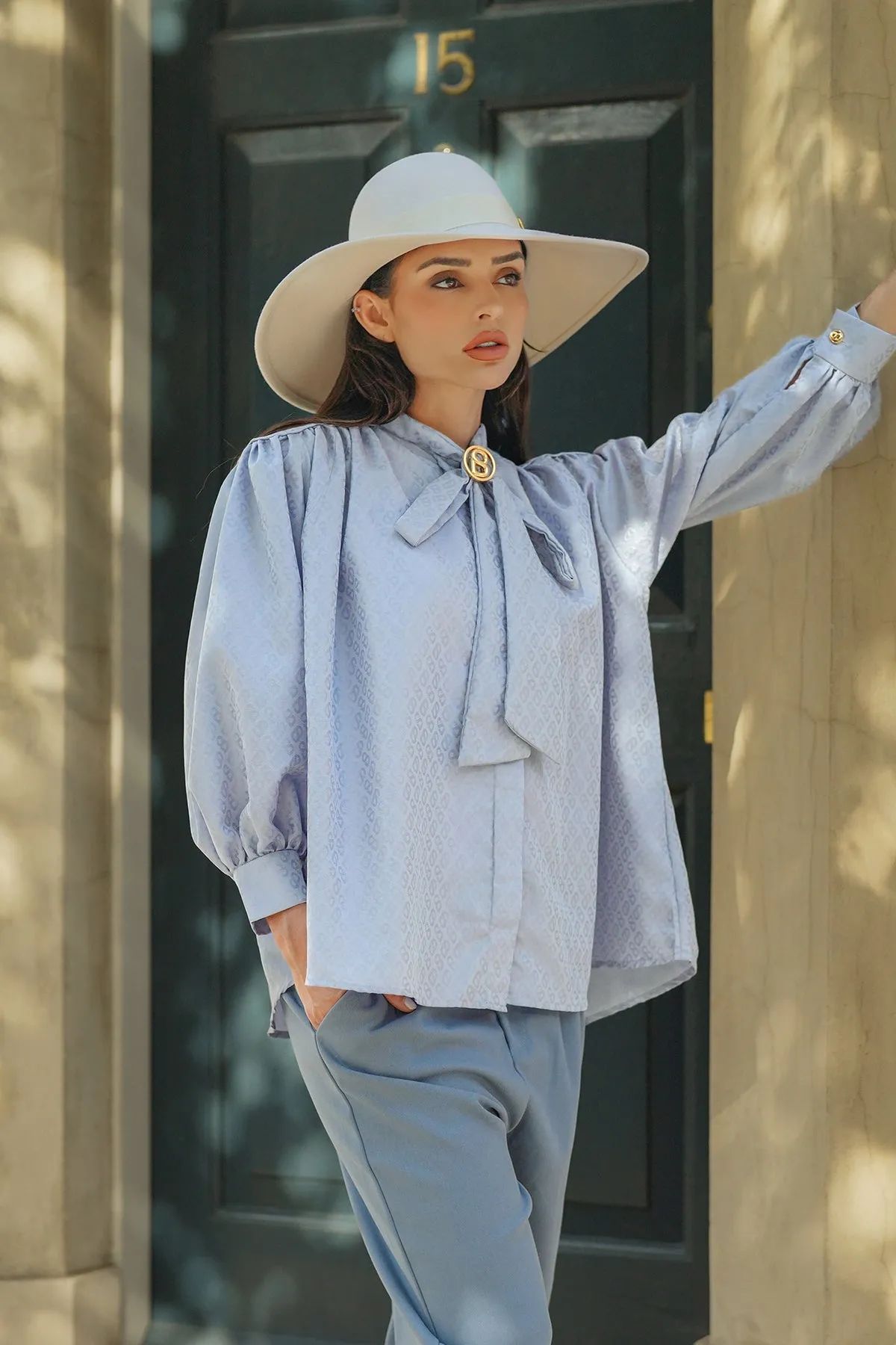 Monogram Embossed Bow Shirt - Airy Blue