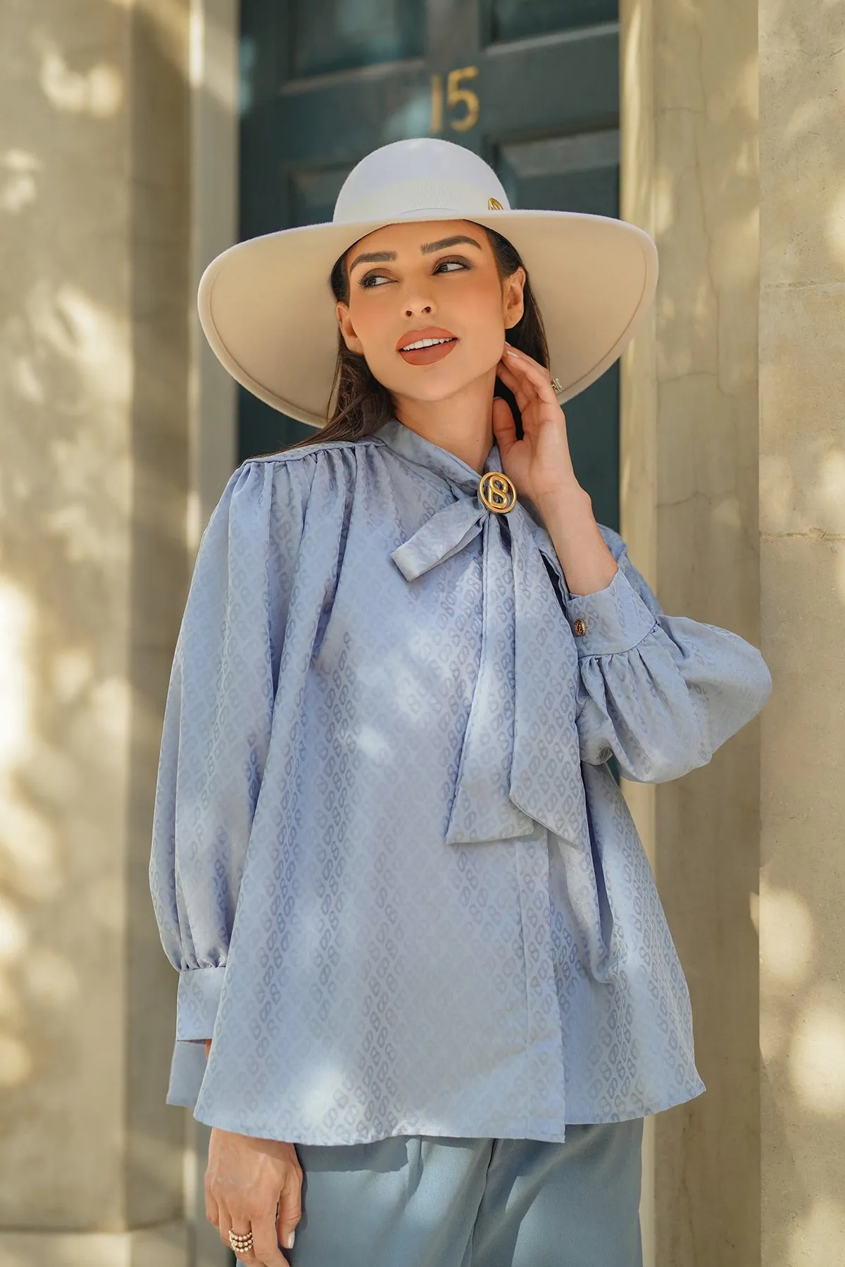 Monogram Embossed Bow Shirt - Airy Blue