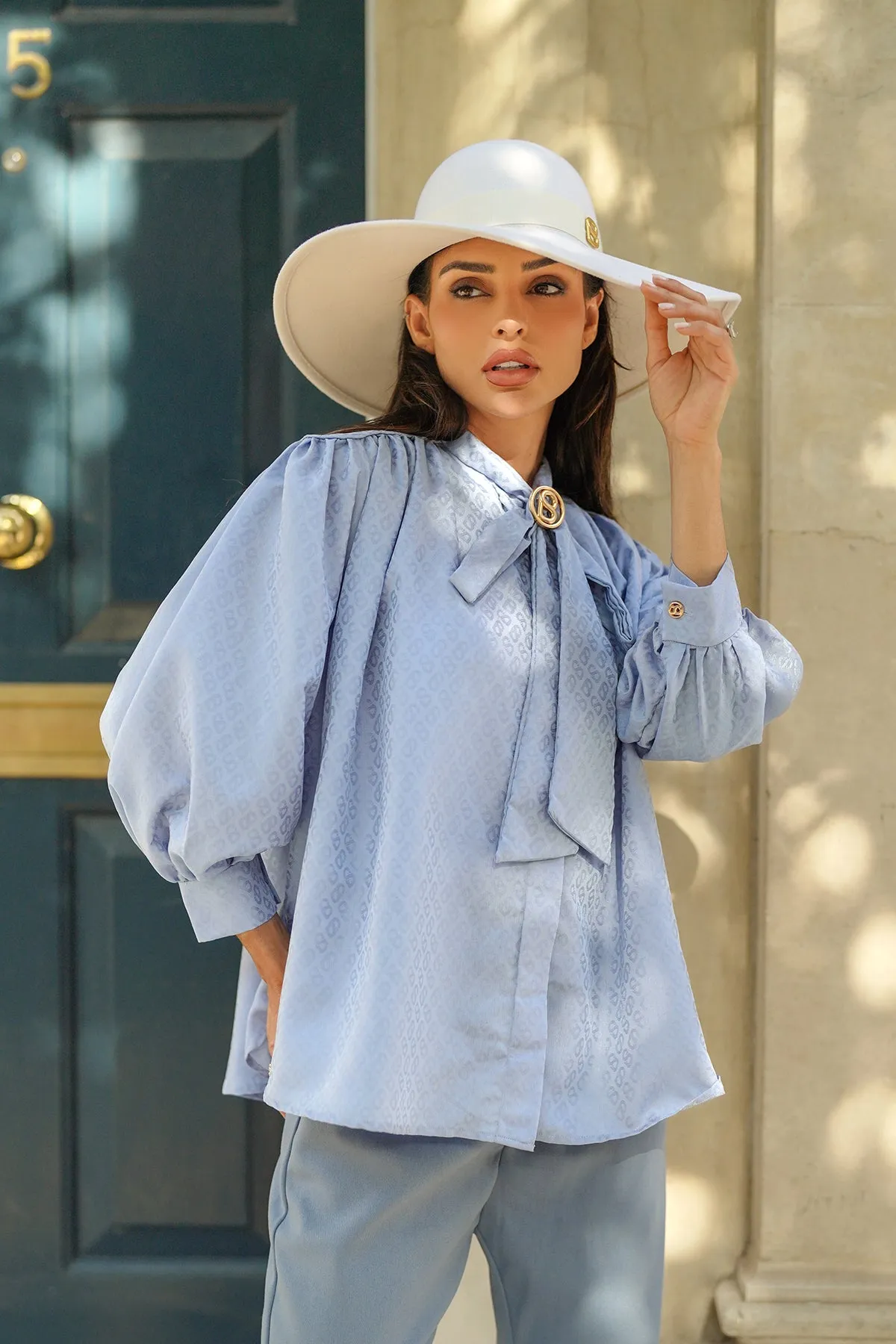 Monogram Embossed Bow Shirt - Airy Blue