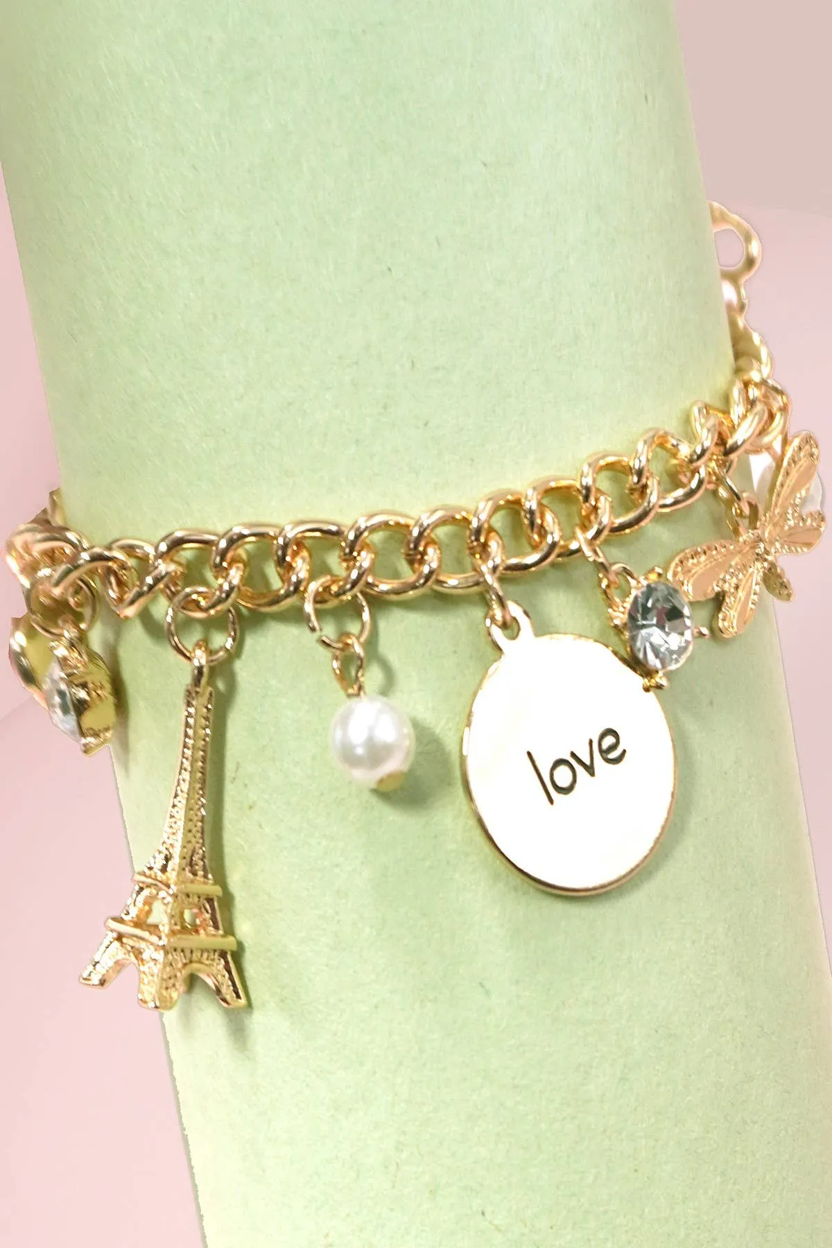 MULTI CHARM PARIS LOVE HEART BRACELETS | 80B246: GOLD