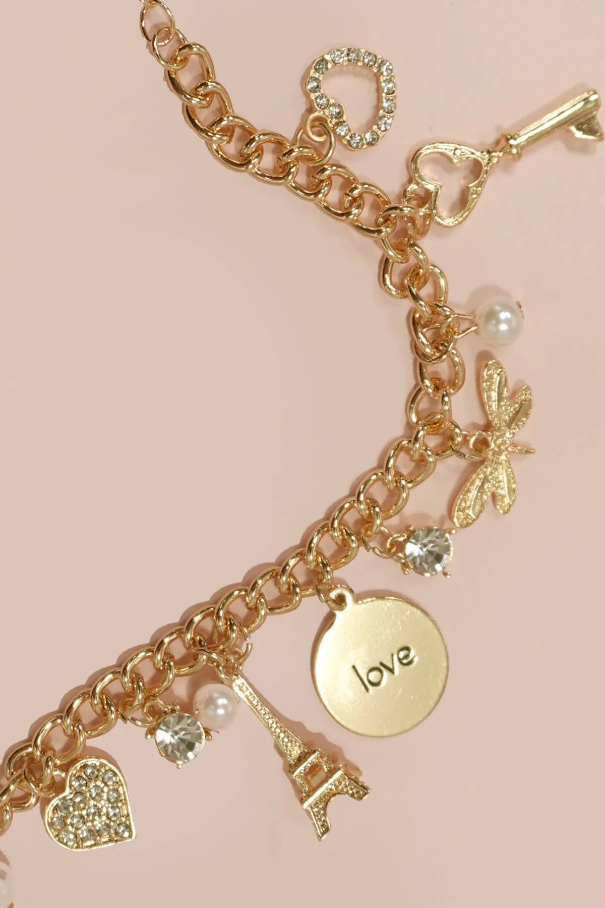 MULTI CHARM PARIS LOVE HEART BRACELETS | 80B246: GOLD