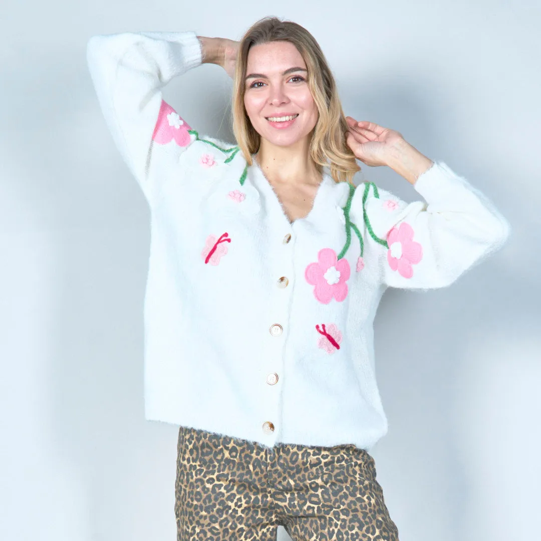 Pastel green cardigan with floral appliqués and butterfly embroidery