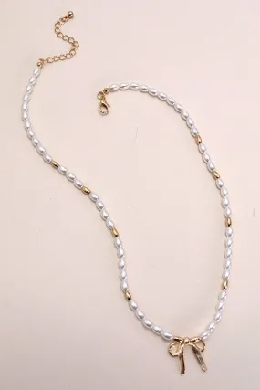 Pearl and Gold Bead Bow Pendant Necklace
