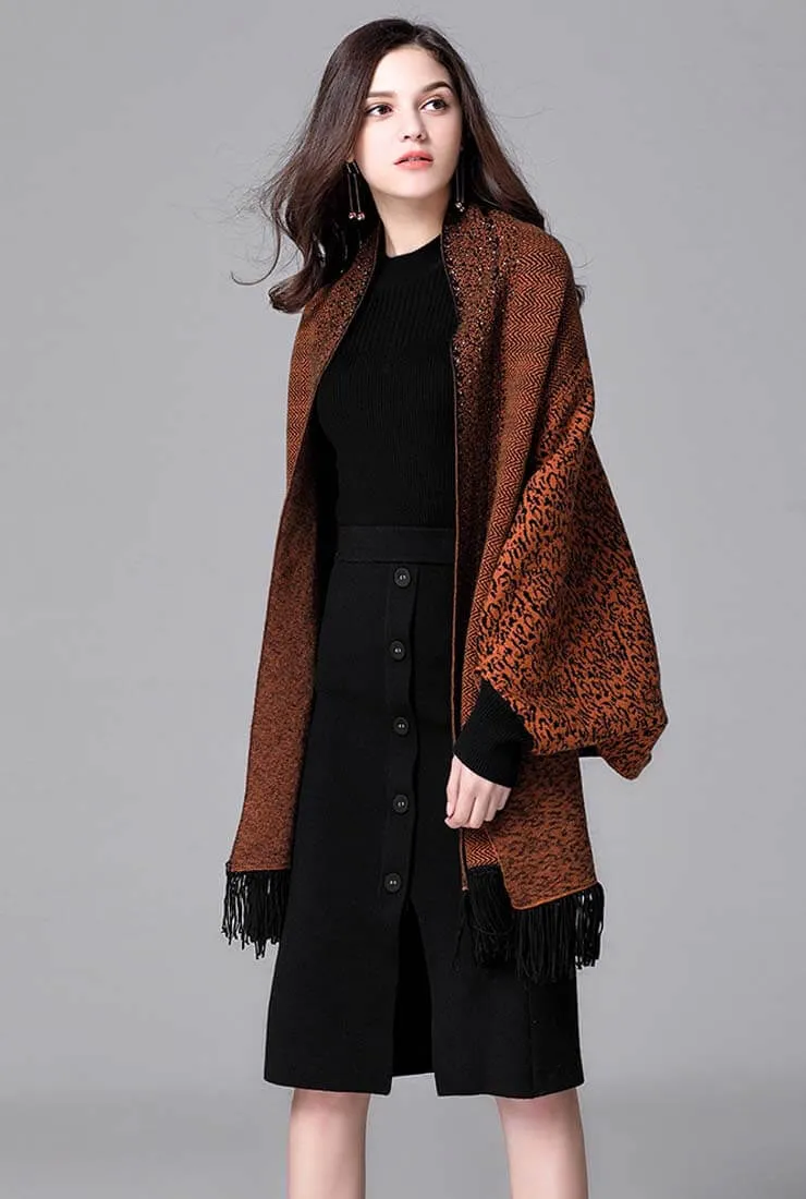 Plus Size Fringe Sequins Cape Cardigan Sweater