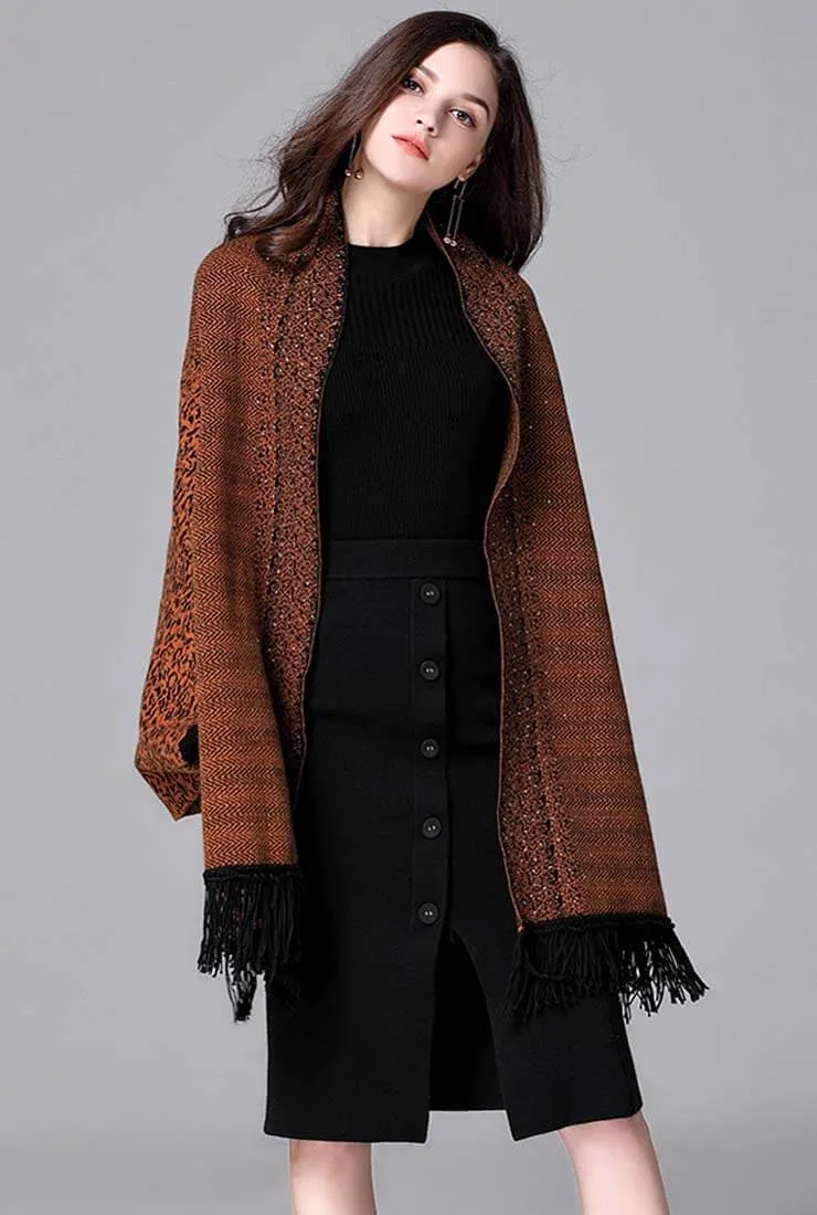Plus Size Fringe Sequins Cape Cardigan Sweater