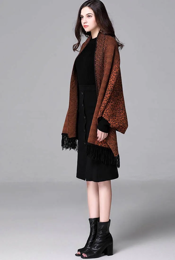 Plus Size Fringe Sequins Cape Cardigan Sweater