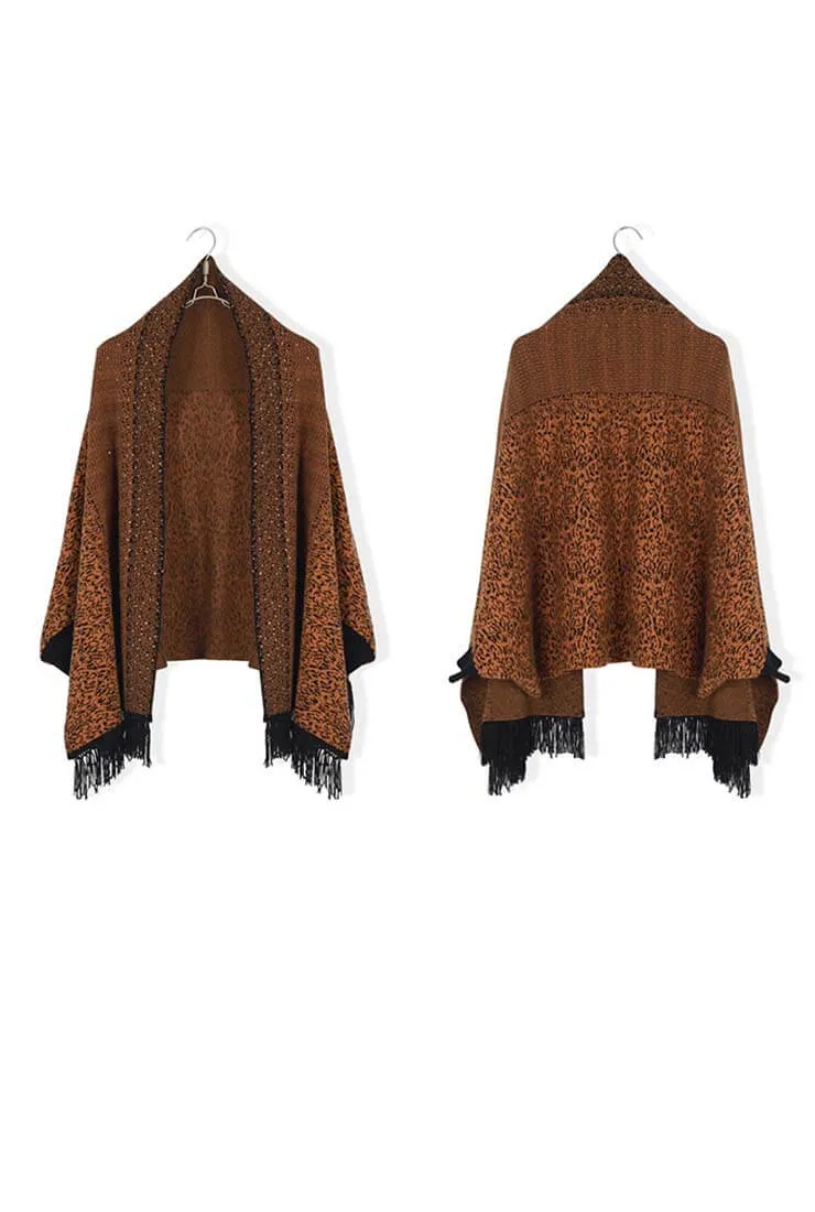 Plus Size Fringe Sequins Cape Cardigan Sweater