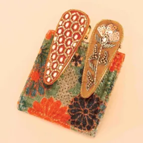 Tangerine/Mustard Hexagon/Floral Stem Hair Clips {clearance}