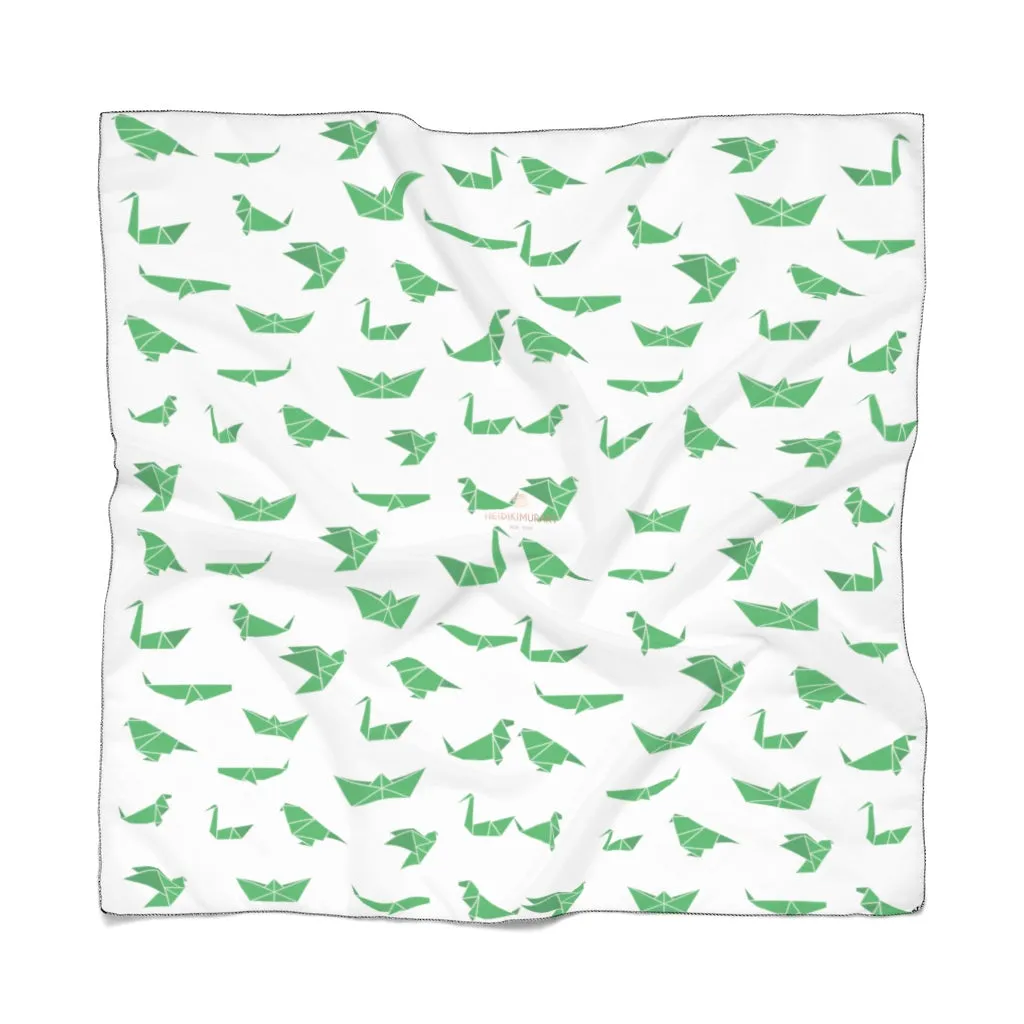 White Japanese Poly Scarf, Cute Crane Birds Print Women's Fashion Accessories- Made in USA