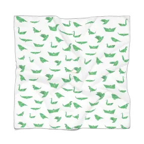 White Japanese Poly Scarf, Cute Crane Birds Print Women's Fashion Accessories- Made in USA